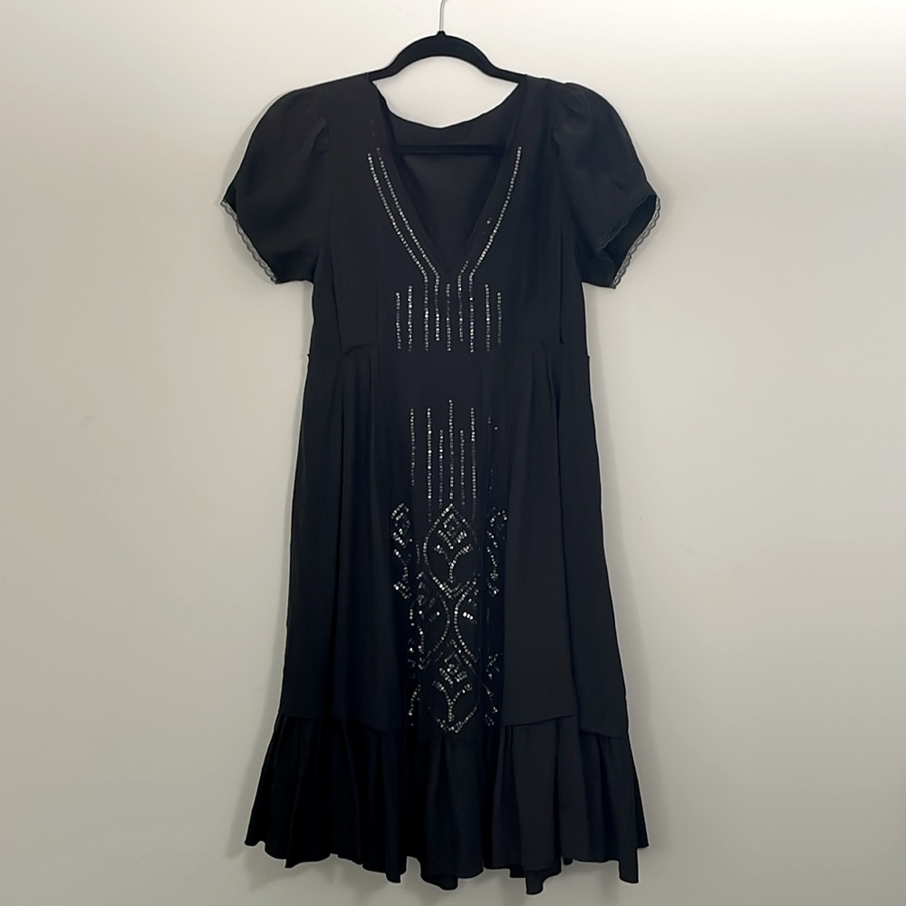 Y2K Vintage BCBG Silk Dress Knee Length Black Cap Sleeve Empire Waist Sequins